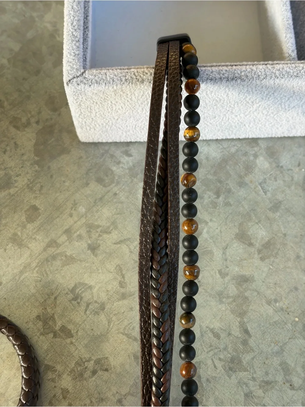 Hand Crafted Brown Leather Wrap Bracelet with Black and Tiger Eye Beads